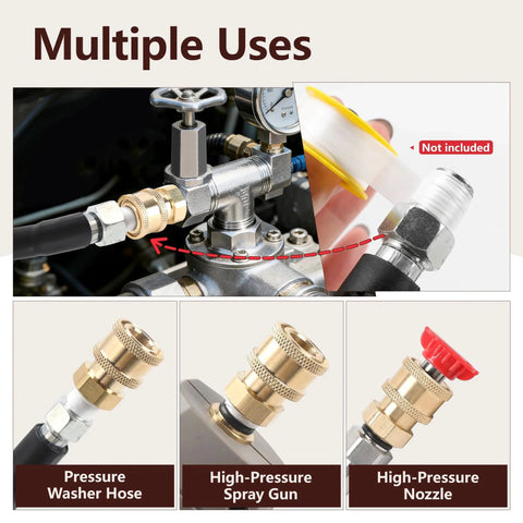 Brass Pressure Washer Fittings Kit Three Pack With One Quarter Inch Quick Connect To Female NPT Adapters multiple uses shown.