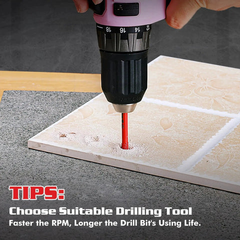 Powerful 10 Piece Diamond Drill Bit Set With One Quarter Inch Shank 6mm Vacuum Brazed Diamond Hole Saw Kit in use on tile