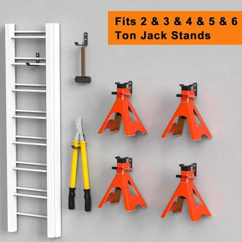 Heavy Duty Jack Stands Wall Mount Organizer For 2 To 6 Ton Capacity holding four jack stands and tools on a garage wall.