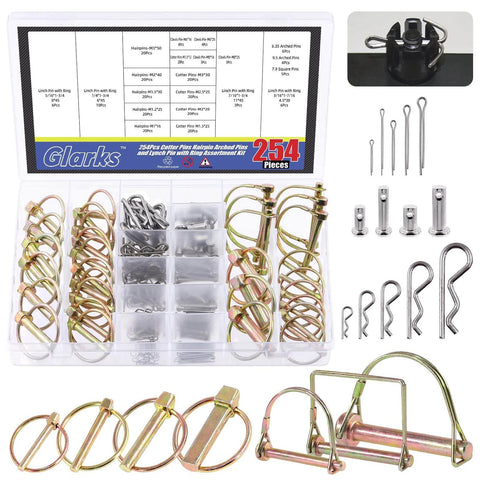 Top view of 254 Piece Mixed Lynch And Clevis Pins Set With 5 Styles Of Pin Fasteners for mechanics and vehicles in an open case