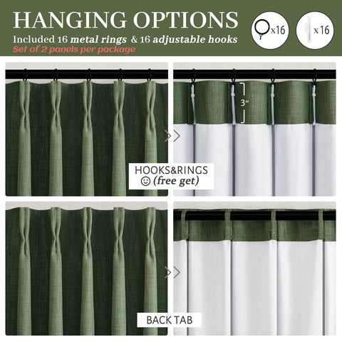 Dual Layer Linen Blackout Curtains 96 Inch Long 2 Panels For Living Room Olive Green showing hanging options and hooks