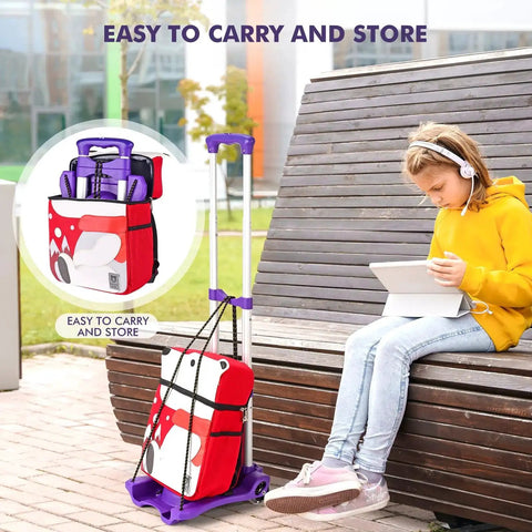 Heavy Duty Folding Hand Truck With Adjustable Height For Luggage And Moving, 110 LB Capacity sitting on a bench, outdoor setting, purple.