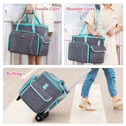 Rolling Sewing Machine Case With Wheels And Detachable Wheel Frame, carried by handles, shoulder strap, and rolling on pavement.
