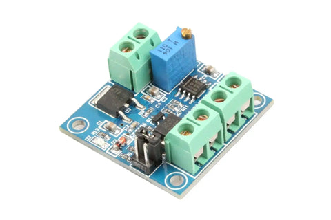 Top view of PWM To 0 To 10V Analog Converter Module for PLCs, showing green terminal blocks and blue module components.