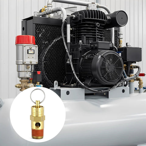 Two brass 1/4 inch NPT air compressor check valves with 200 PSI pop-off pressure