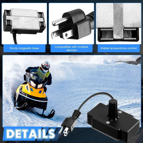 Portable Magnetic Engine Block Heater 120V 200W with plug detail and magnetic base used for snowmobile in snowy landscape.