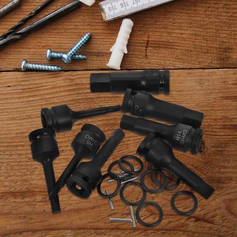 Eight-piece black impact wrench sleeve set with 1/2-inch drive and hex-bit sockets
