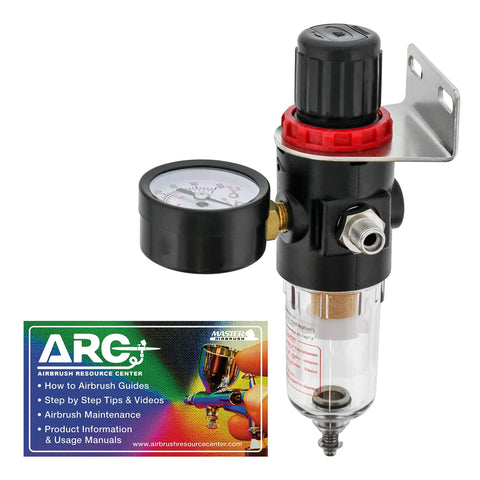 Master Airbrush air regulator with gauge and moisture trap mounted on a bracket