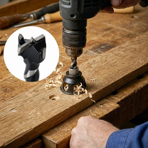 No-Nonsense 19mm Dog Hole Chamfer Reamer Bit For Three-Quarters Inch Holes, Bench Top Woodworking Tool Kit with locator jig in use.