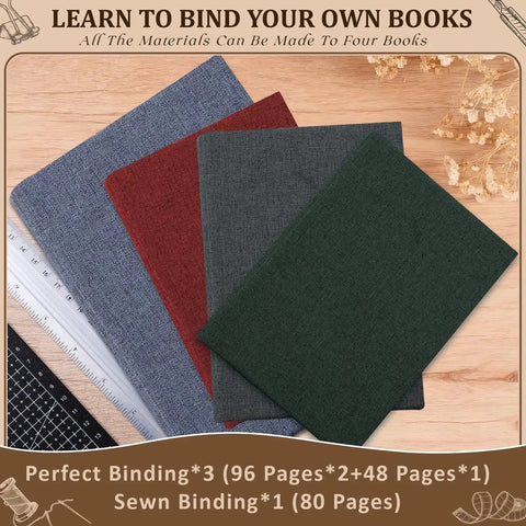 All In One 145Pcs Book Binding Kit For Beginners with fabric-covered books and binding tools on a wooden surface.