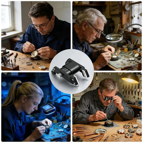 Watchmakers using Elastic U Shaped Watch Band Spring Bar Pliers Tool For Quick Spring Bar Removal with watch parts.