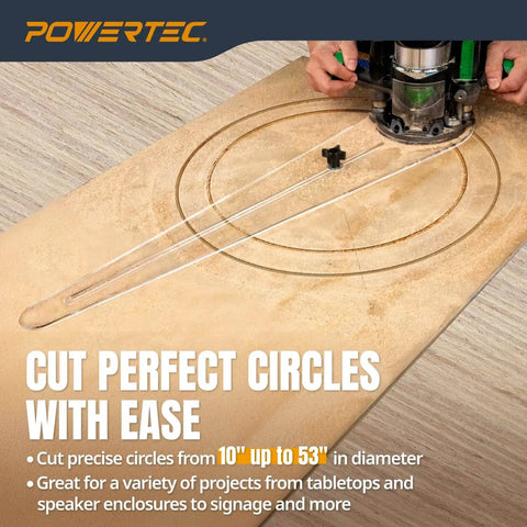 Circle Cutter Router Jig For Perfect Circles 10 To 53 Inches With Dual Pivot Pin System Circle Guide Kit in use on wood surface