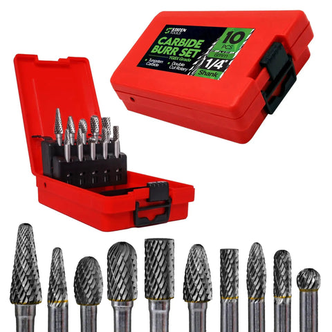 10 Pcs Double Cut Carbide Burr Set With Quarter Inch Shank For Die Grinders And Rotary Tools, Includes Bit Shapes For Milling
