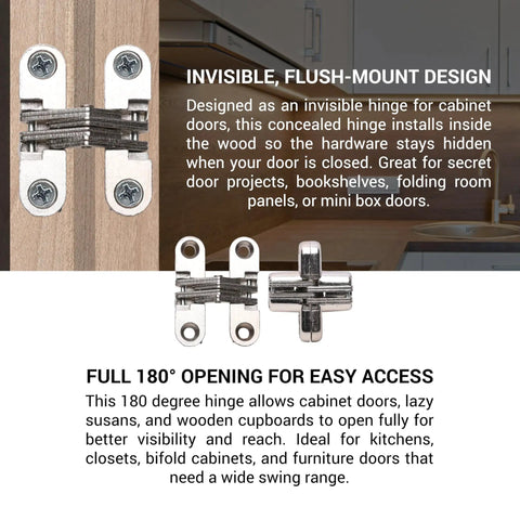 Hidden Cabinet Door Hinge Set 180 Degree Full Open One And Three Quarters Inch Height Nickel Finish Concealed Corner Lazy Susan Hinge For Wooden Cabinets Cupboards Wardrobes Secret Door Projects Screws Included 4 Pack Rok Hardware