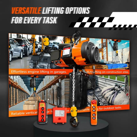 Electric Chain Hoist 2200lb With 2 Speed 120V Brushless Motor And 10ft G80 Chain displayed with lifting applications