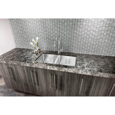 Modern kitchen sink with countertop featuring Hopewell Steel Bar Pull M993 15 Inch Center-To-Center Flat Black Cabinet Pull.