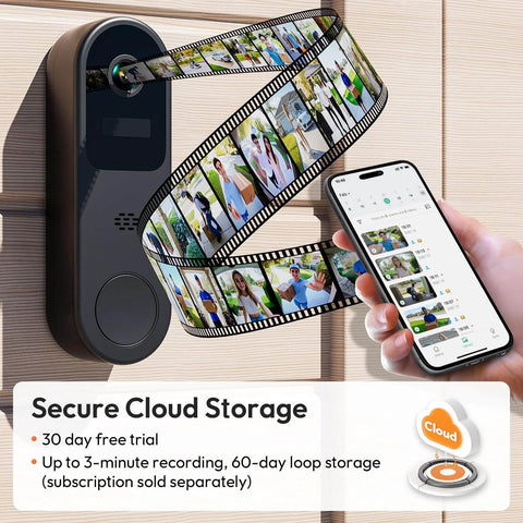 Image showing 2K HD Battery Wireless Doorbell Camera With Ring Chime and phone app displaying secure cloud storage options.