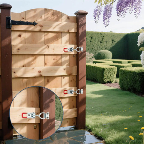 Beefy Adjustable Toggle Clamp M6 X 34mm Holds 396lbs With Quick Release Pull Latch Model 4002 on a wooden garden gate