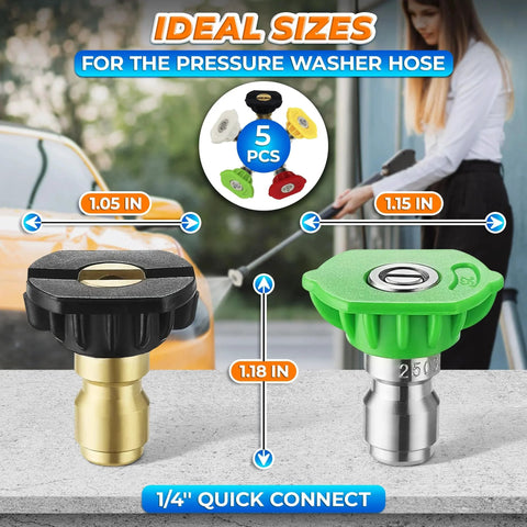 Five Piece Pressure Washer Nozzle Tip Set With One Quarter Inch Quick Connect, 2700 PSI Power Washer Nozzles, in use for car cleaning