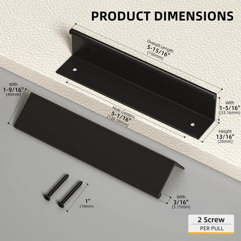 Product dimensions and details of 20 Pack Black Cabinet Pulls Five Inch Edge Finger Pulls Aluminum Alloy Hardware for dresser and drawer handles.