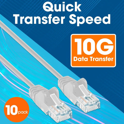 Slim Cat6 Ethernet Patch Cables 3 Ft, 10-Pack, 250 MHz, snagless boot, white cables showcasing quick 10G data transfer speed.