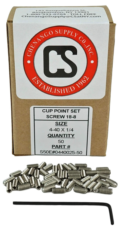 Stainless Steel 4-40 x 1/4 Inch Cup Point Socket Set Screws With Hex Key Wrench, 50 Pack, corrosion resistant set, image of box and screws