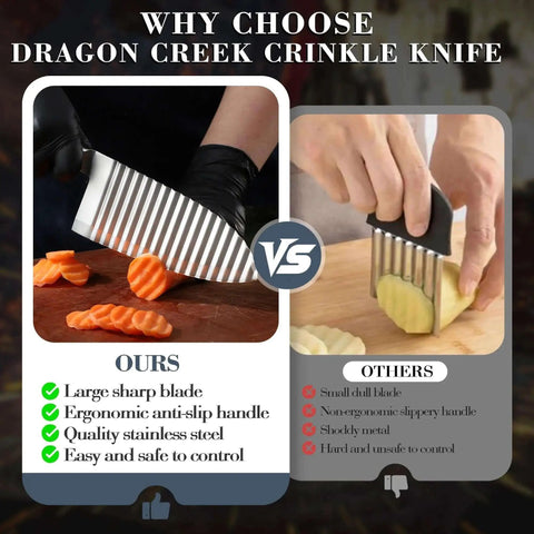 Comparison of Dragon Creek crinkle cutter knife with large sharp blade slicing carrots, highlighting ergonomic handle and stainless steel.