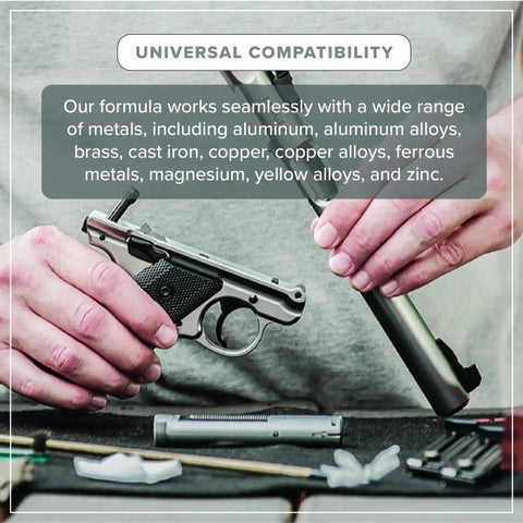 Ultrasonic gun cleaner setup: silver pistol with black grip on a workbench with cleaning tools.