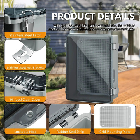 Lockable Outdoor Weatherproof Electrical Box For Electronics Plastic NEMA 4 Enclosure With Clear Cover and Stainless Steel Latches
