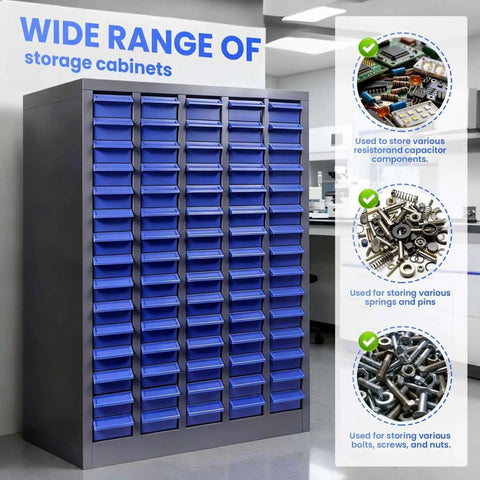 75 Drawer Nut And Bolt Bins Organizer With Alloy Steel Construction in grey and blue, shown in workshop setting.