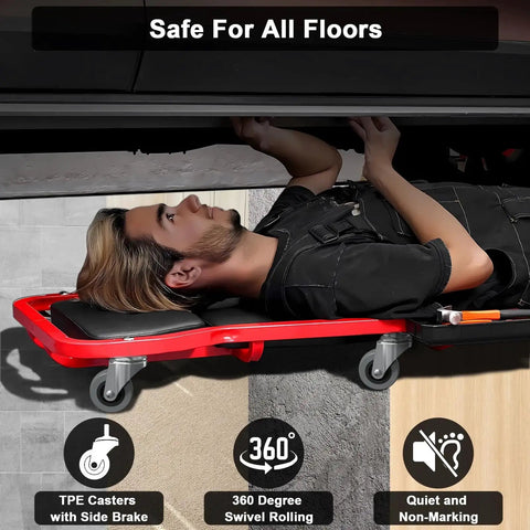 Person using a red creeper with Six Pack 2 Inch Creeper Wheels Heavy Duty 360 Degree Swivel Stem Casters under a vehicle.