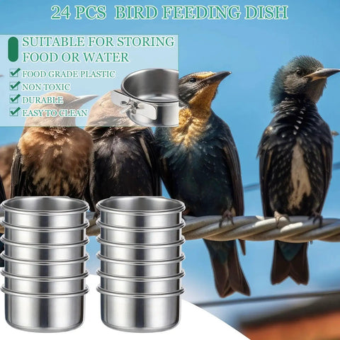 Stainless Steel Bird Bowls 10 Oz 24 Pack with Clamps for parakeet feeding, shown with birds and product features.