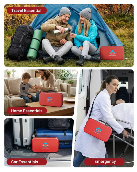 Collage showing 500 Piece First Aid Kit for Home, Car, Travel, Camping and Office, Waterproof Emergency Supplies in diverse settings