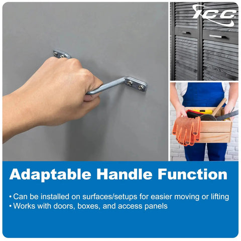 Hand gripping adaptable handle on gray wall with toolbox and wooden panel background, demonstrating installation options.