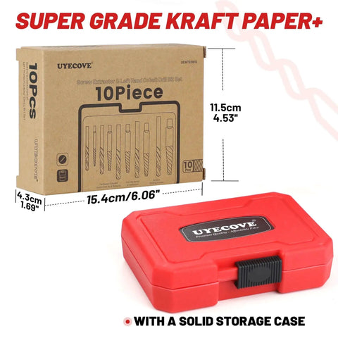 Red storage case and packaging for 14 Piece Screw Extractor Set Heavy Duty With Left Hand Drill Bits For Removing Stripped Screws.