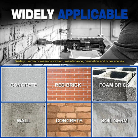 11 Piece Concrete Hole Saw Kit With 300mm SDS Plus And MAX Shank Tungsten Carbide Tips And Hardened High Carbon Steel drilling on brick wall