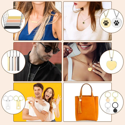 All In One Laser Engraving Jewelry Kit With 99 Pcs Materials And 46 Accessories For Necklace Bracelet Ring And Keychain DIY Crafting Includes Laser Marking Paper For Laser Engraver, featuring various necklaces, rings, and keychains.