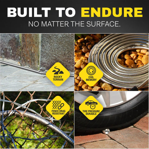 BIONIC STEEL short 10 ft hose extension, 5/8 in; steel coil memory, heavy-duty, leak-proof.
