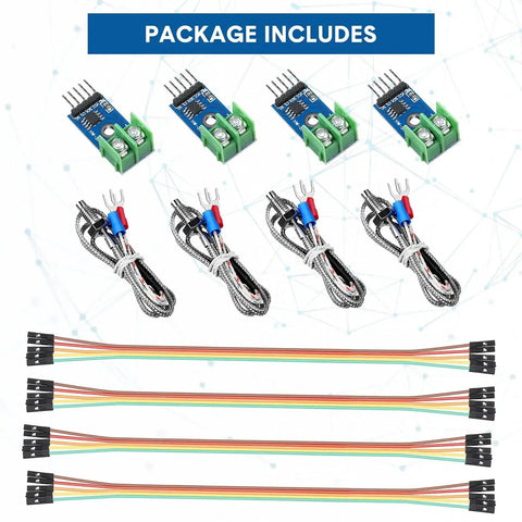 Four Pack Max6675 Thermocouple Module And K Type Temperature Sensor Kit for Arduino with cables and M6 screw mount displayed