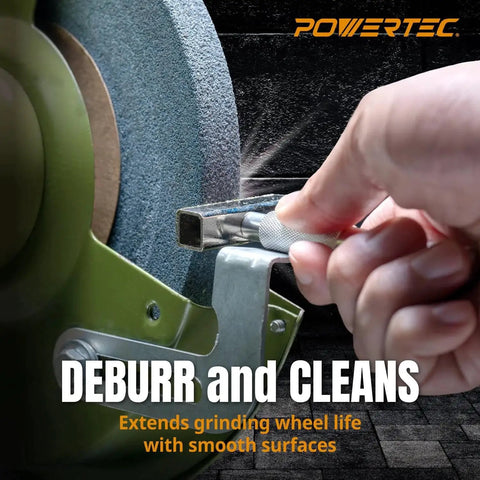 Precision Diamond Dressing Tool For Bench Grinder Wheels With 36 Grit Diamond Chips And Four And Five Eighths Inch Long Diamond Surface With Guide Bars For Cleaning Aluminum Oxide And Silicon Carbide Wheels Powertec 71003 being used on a grinder.