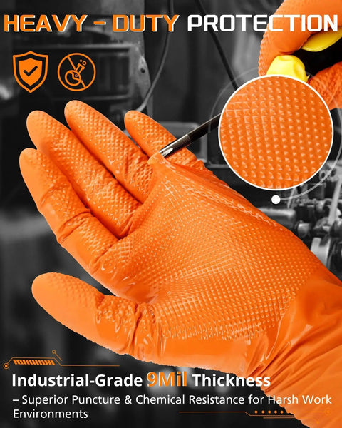 9 Mil Heavy Duty Orange Nitrile Gloves With Raised Diamond Grip Latex Free, showing the texture and thickness in an industrial setting