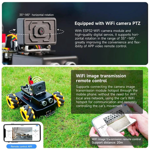 AI Smart Robot Kit With Mecanum Wheel For UNO R3 ESP32 Camera App Control FPV Video showing WiFi camera and remote app interface.