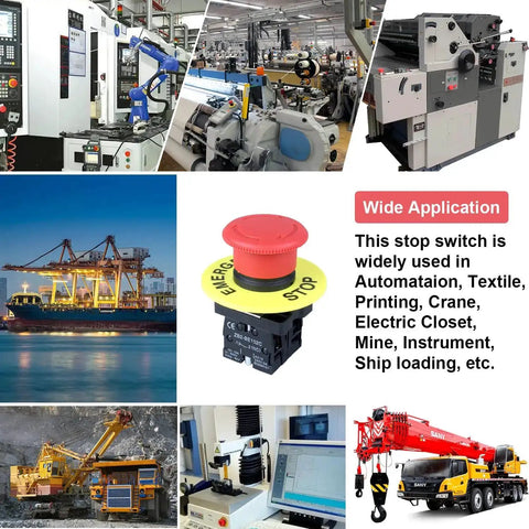 Red Mushroom Emergency Stop Push Button Switch 22mm Latching 600V 10A 2NC with diverse industrial applications.