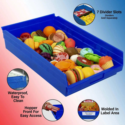 Blue plastic storage bin with colorful items, waterproof, easy to clean, hopper front for access, divider slots, durable. 
