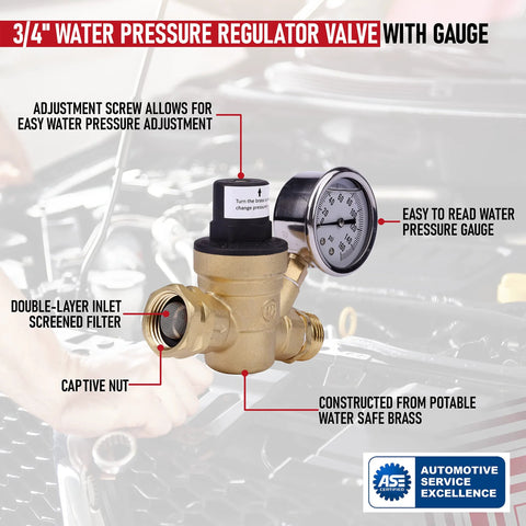 Brass RV water pressure regulator with gauge, 3/4-inch hose connections, adjustable screw