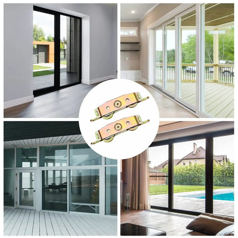 Heavy-Duty Sliding Door Rollers Set With 1-1/4 Inch Steel Ball Bearing Wheels, Adjustable Sides, shown with doors