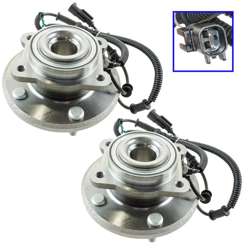 Rear Wheel Bearing And Hub Assembly Set For 2008 2011 Chrysler Town And Country, 2008 2011 Dodge Grand Caravan, And 2009 2011 Volkswagen Routan Two Piece Replacement Kit DIY Ready, showing two metal hub assemblies with wiring and connectors.