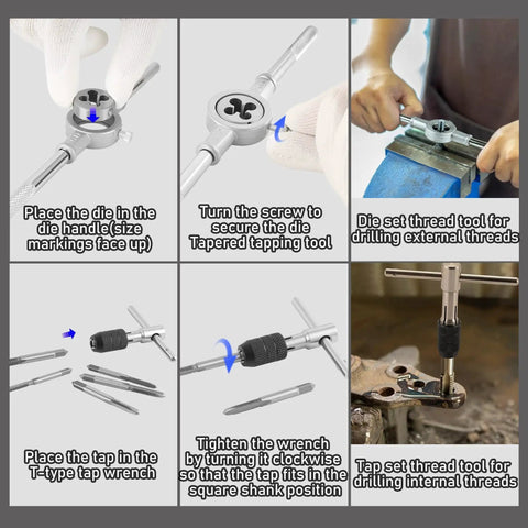 Instructions for using a 40 Piece Metric Tap And Die Set For Cutting Internal And External Threads With T Wrenches And Thread Gauge
