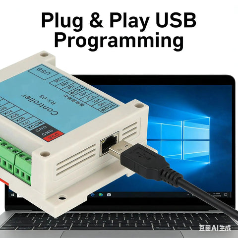 Programmable Logic Controller With Eight Input Seven Output for Industrial Automation USB plugged into laptop
