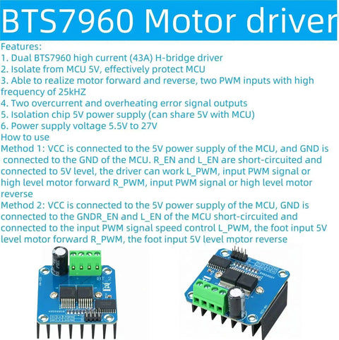 Two Pack BTS7960 43A Beefy High Power H-Bridge Motor Driver Module for Arduino with features and connection methods detailed